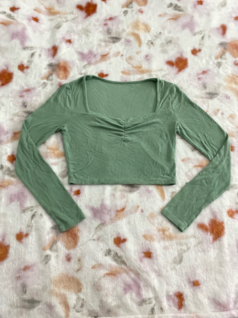 Women's Sage Green Long-Sleeve Ruched Crop Top with small lace border neckline